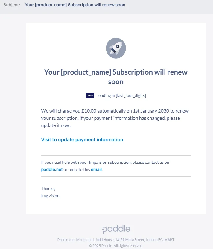 Example pre-billing email notification