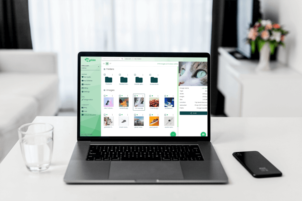 Laptop showing Img.vision dashboard with thumbnails