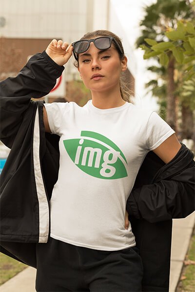 Woman wearing t-shirt with Img.vision logo